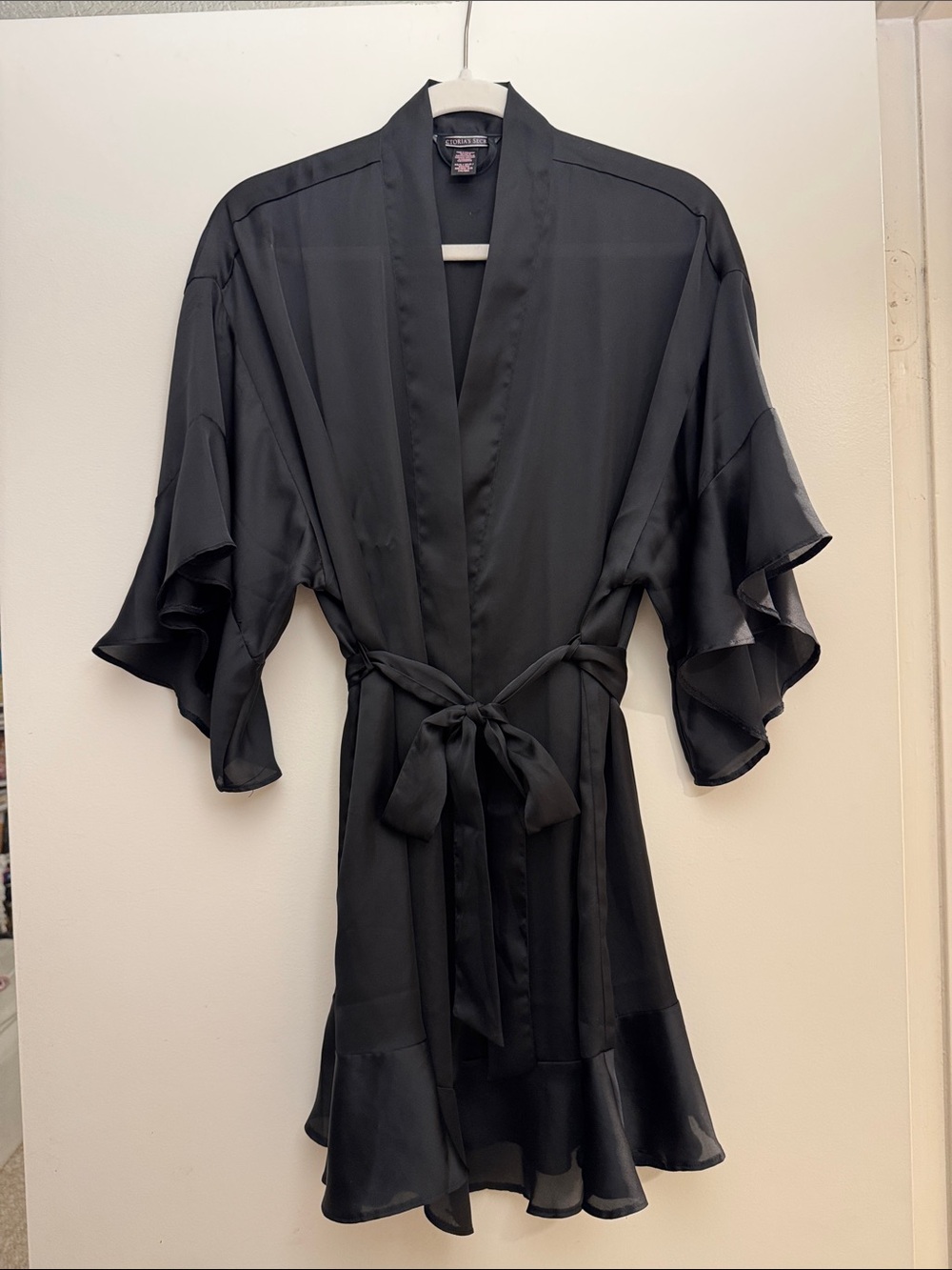 Victoria's Secret Black Satin Kimono Robe with Ruffle Sleeves